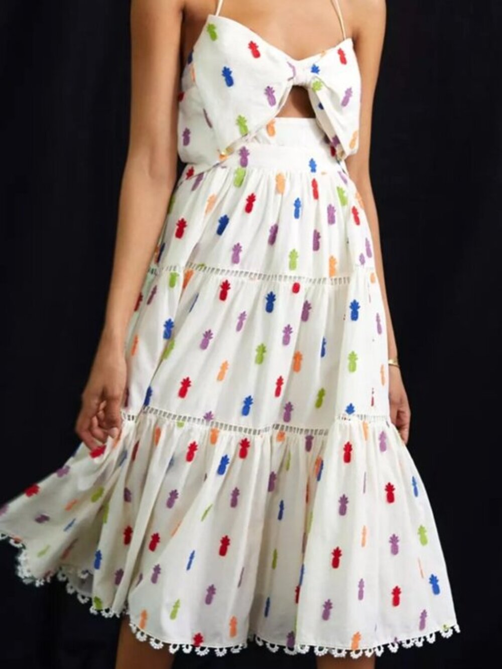 Farm Rio Pineapple Appliqué Keyhole Bodice Cotton Midi Dress- S- MSRP $295-